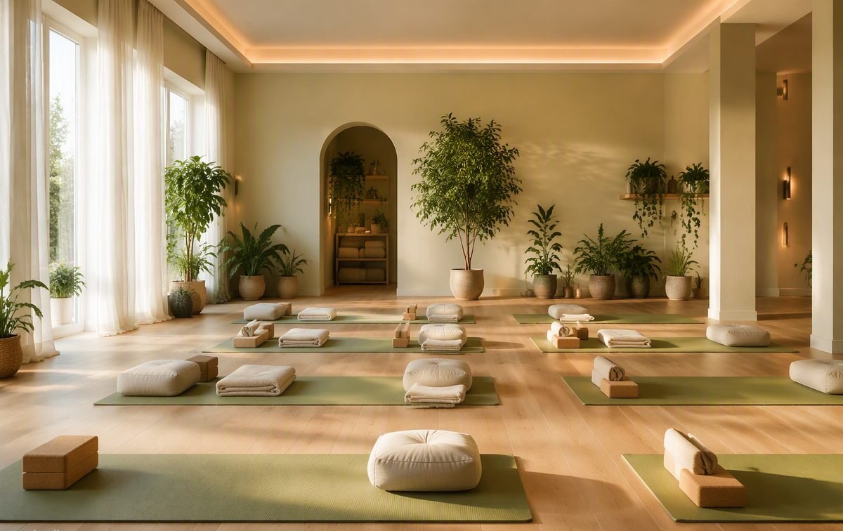 Bright, tranquil yoga studio interior with plants and neatly arranged mats