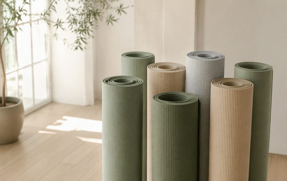 Rolled yoga mats in soft green and neutral tones