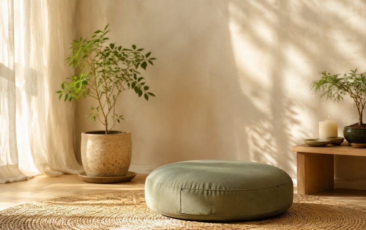 Meditation cushion in a calm, sunlit corner