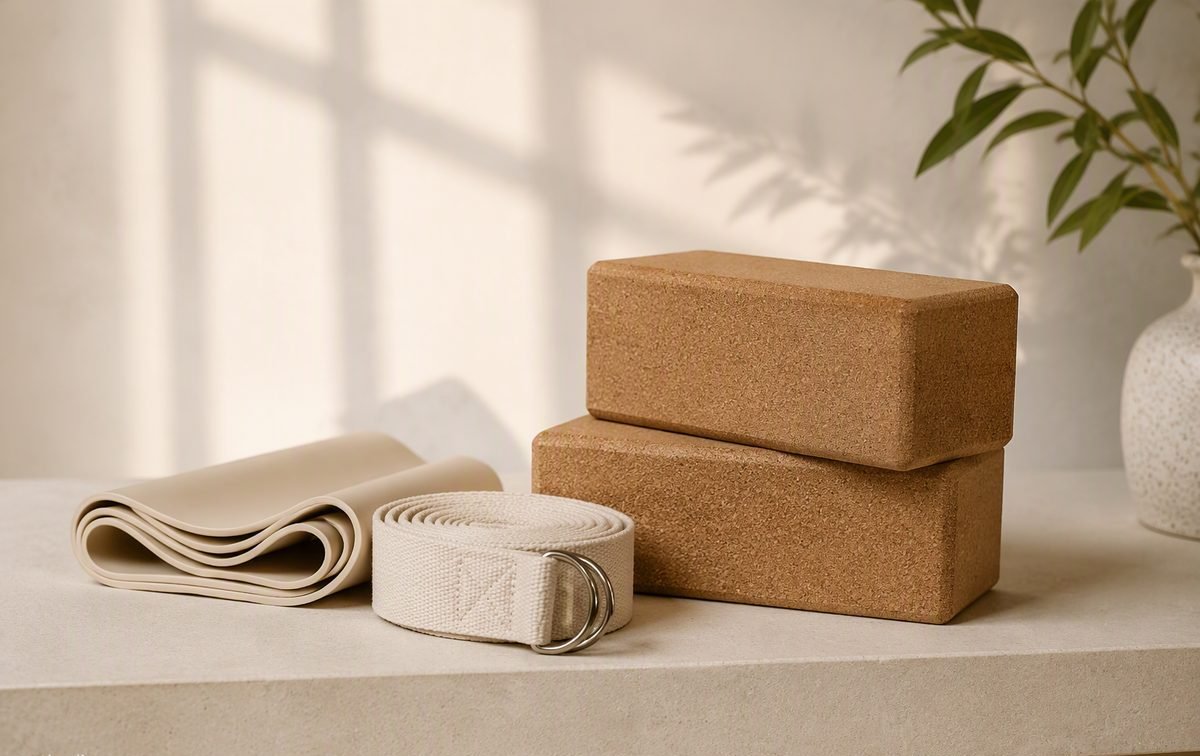 Cork blocks, cotton strap and stretch bands arranged on a shelf