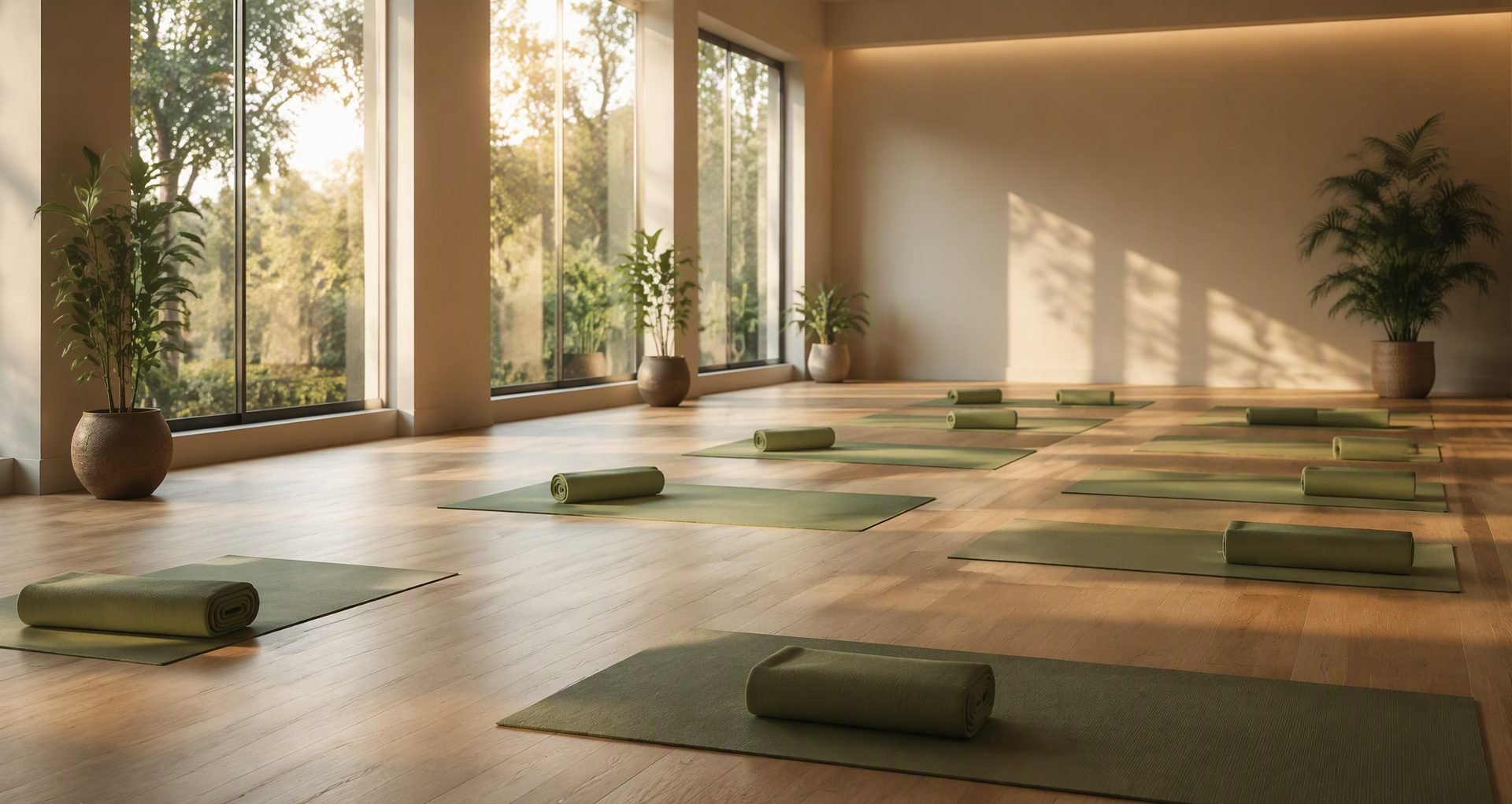 Bright, peaceful yoga studio with rolled mats in soft natural light