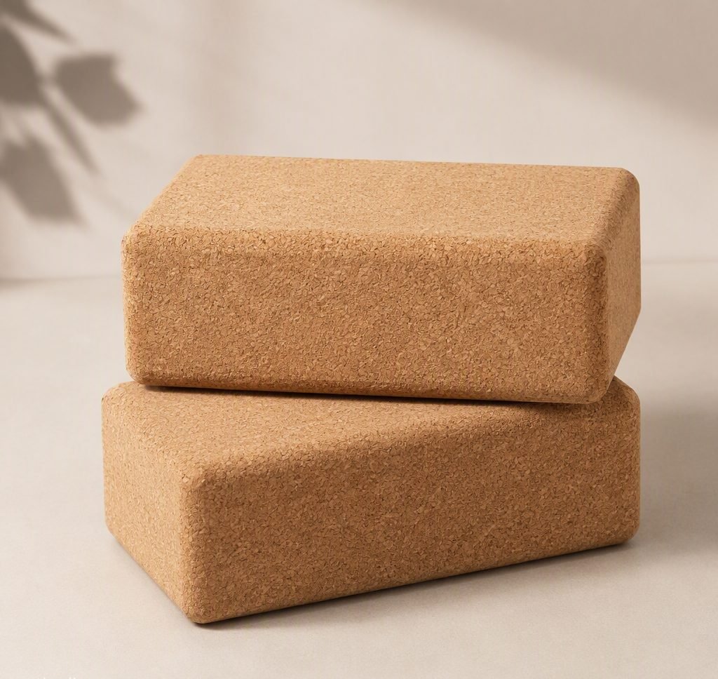 Two natural cork yoga blocks with rounded edges stacked on a beige background