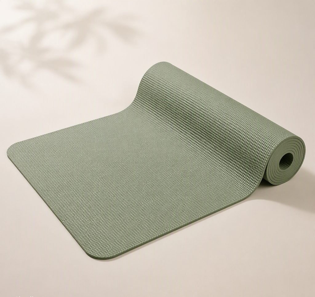 Sage-green natural rubber Eco Yoga Mat partially rolled on a beige background