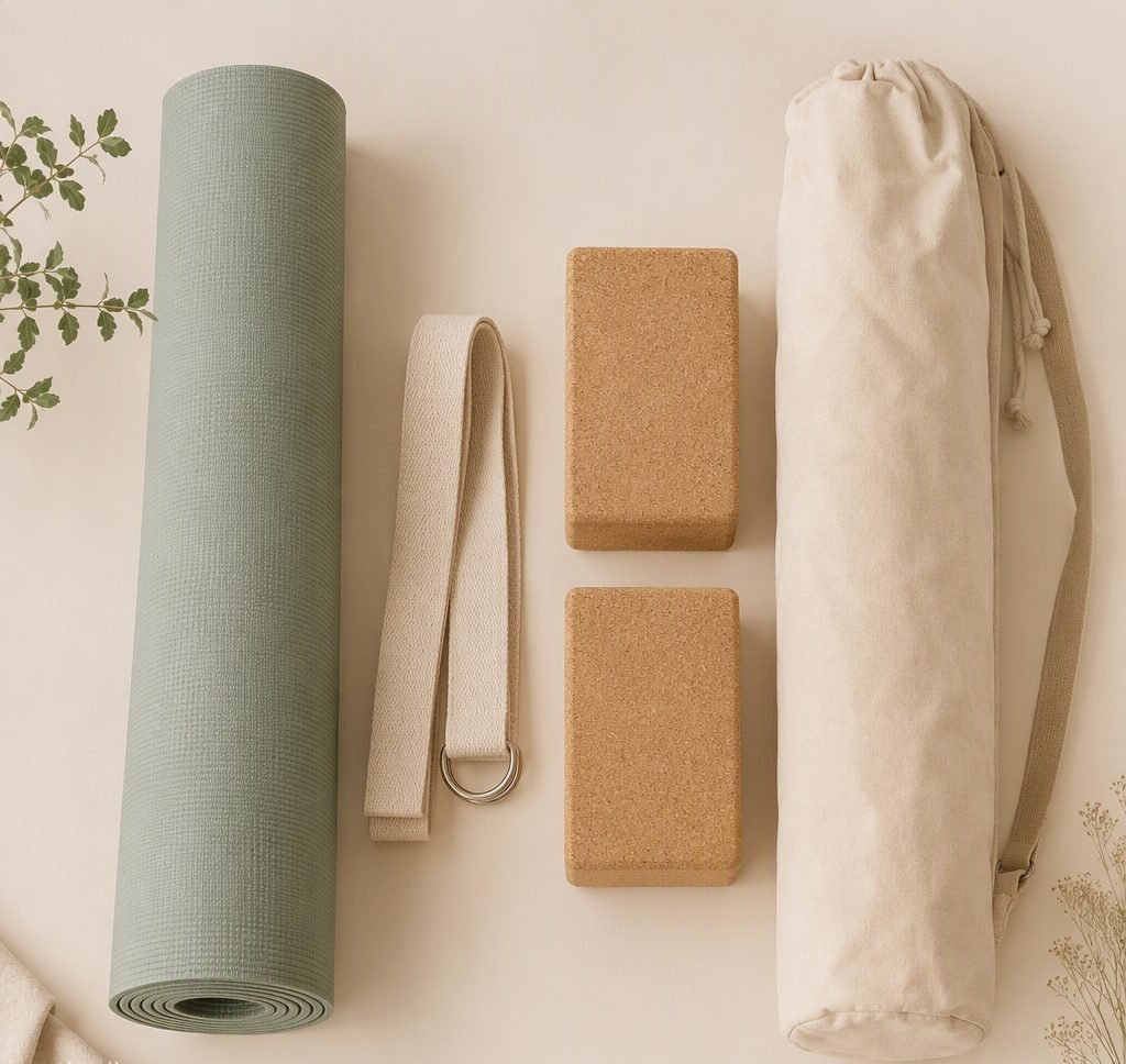 Yoga starter bundle flat lay with mat, strap, cork blocks and canvas carry bag